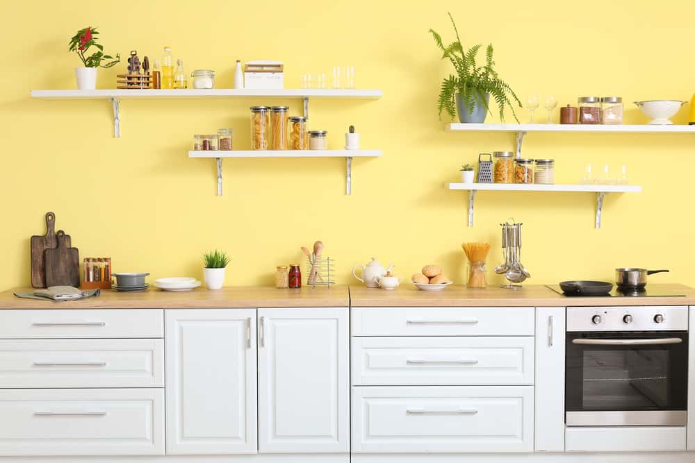 yellow open shelving kitchen design